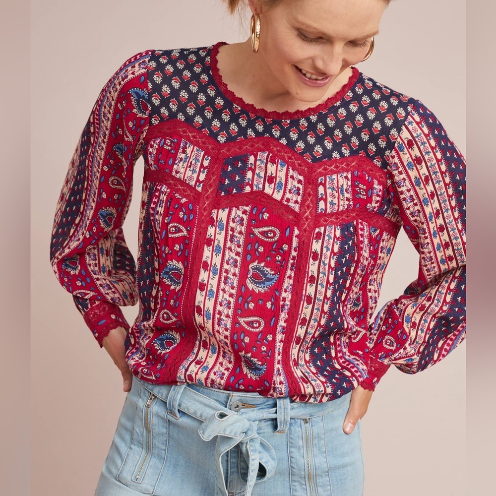 MAEVE x Anthropologie Gretchen Patchwork Boho Blouse Top Button-Back Lace $118